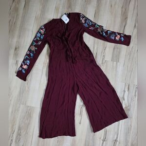Topshop Embroidered Arm Jumpsuit Merlot Wide Leg Crop Pants Romper Sz 6